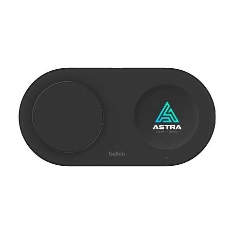 BoostCharge™ Pro 2in1 Qi2 15W magnetic charger from the Belkin brand. With a casing made from recycled plastic. This charging station delivers up to 15W for fast wireless charging of your iPhone, 15.5W for your AirPods and 5W via a USB-C port for charging an additional device. Place your iPhone on the charging station and benefit from proper alignment, optimised power consumption and longer battery life thanks to Qi2 technology. Universally compatible, this charging station supports fast wireless charging of Qi2-compatible devices with up to 15W of power, including iPhone and Android. Includes 30W power adapter, USB-C/USB-C cable and user manual. 100% plastic-free packaging. Each item is individually boxed.