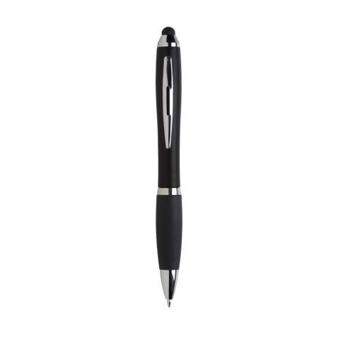 Blue ink ballpoint pen with coloured barrel, rubber grip, glossy accents, recess in metal clip and rubber top/pointer to operate touch screens (eg iPhone/iPad).
