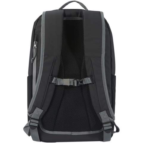 Water-resistant laptop backpack made from GRS certified recycled materials, including the zips. It features a padded 15" laptop compartment with side opening for quick access, multiple mesh pockets, zipped front pocket, and reflective piping for visibility. The moulded and padded backing and adjustable chest strap makes it comfortable to carry around even when fully loaded. The GRS recycled materials include the main fabric, lining, webbing, and zips. Capacity: 21 litres. PVC free.