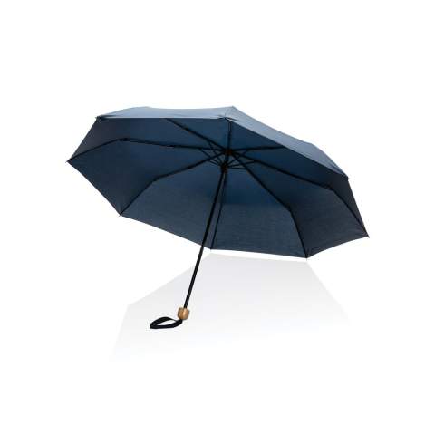 No greenwashing, but telling a true story about sustainability! This Impact umbrella is made from 190T RPET pongee with AWARE™ tracer. With AWARE™, the use of genuine recycled fabric materials and water reduction impact claims are guaranteed, by using the AWARE disruptive physical tracer and blockchain technology. Save water and use genuine recycled fabrics. With the focus on water 2% of proceeds of each Impact product sold will be donated to Water.org. This portable 3 section manual open mini umbrella  is the perfect size to keep in your purse or car for a weather emergency. Metal frame, metal ribs with beautiful bamboo handle. This umbrella canopy is made of 7,6 PET bottles (500ml). Water savings are based on figures when compared to conventional fibre. This calculated indication is based on reliable LCA data as published by Textile Exchange in their Material Snapshots 2016.<br /><br />UmbrellaMechanism: Manual open/close