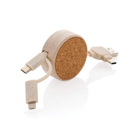 Unique design retractable cable that allows you to charge any type of item from any type of USB source. Made from cork and wheat straw (35%) mixed with ABS and PVC free TPE cable.  The cable is perfect for newer generation phone chargers and macbook computers that only have type C output because of the type C input. The cable also has a regular USB A input.  Output: type C and double-sided connector for IOS and Android devices. Max cable length: 100 cm. Item 100% PVC free.<br /><br />PVC free: true