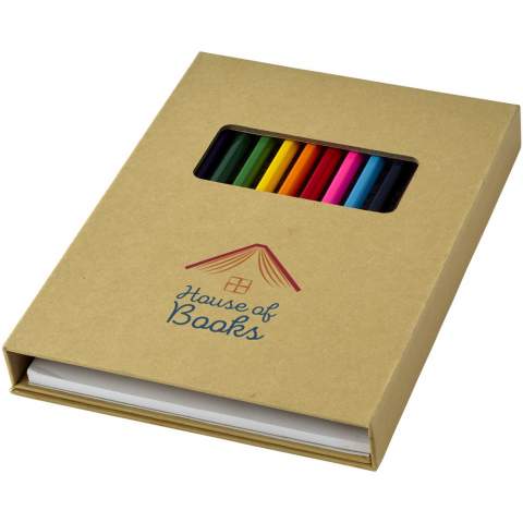 12 coloured pencils and 10 colouring pages with 40 blank, white sheets for drawing. Packaged in a paper tr-fold case. Decoration not available on components.