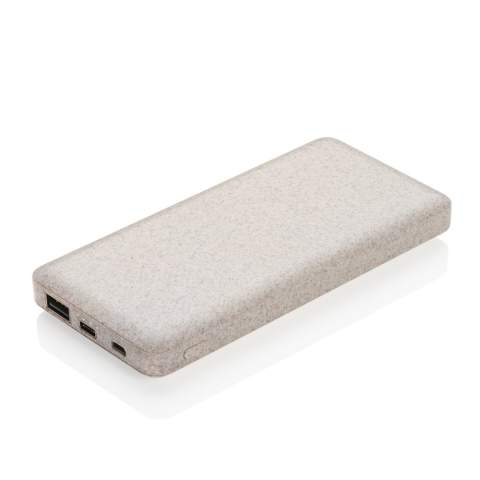 Ultra flat 10.000 mAh powerbank made out of a natural wheat fibre (35%) mixed with ABS. When fully charged it will provide you with enough energy to re-charge your mobile phone up to four times. The powerbank contains a long lasting grade A 10.000 mAh high-density lithium polymer battery. With dual USB port that includes a type C output for all new mobile phones. The power indicators will indicate the remaining energy level so you always know when to re-charge. Including micro USB TPE material cable for charging. Micro USB Input 5V/2A; Type-C Input 5V/2A; USB output 5V/3A; Type-C output 5V/2A; Item and accessories PVC free.<br /><br />PowerbankCapacity: 10000