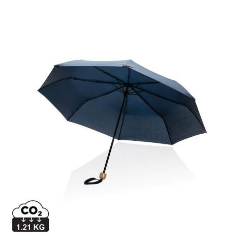 No greenwashing, but telling a true story about sustainability! This Impact umbrella is made from 190T RPET pongee with AWARE™ tracer. With AWARE™, the use of genuine recycled fabric materials and water reduction impact claims are guaranteed, by using the AWARE disruptive physical tracer and blockchain technology. Save water and use genuine recycled fabrics. With the focus on water 2% of proceeds of each Impact product sold will be donated to Water.org. This portable 3 section manual open mini umbrella  is the perfect size to keep in your purse or car for a weather emergency. Metal frame, metal ribs with beautiful bamboo handle. This umbrella canopy is made of 7,6 PET bottles (500ml). Water savings are based on figures when compared to conventional fibre. This calculated indication is based on reliable LCA data as published by Textile Exchange in their Material Snapshots 2016.<br /><br />UmbrellaMechanism: Manual open/close