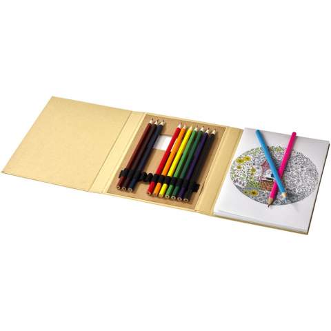 12 coloured pencils and 10 colouring pages with 40 blank, white sheets for drawing. Packaged in a paper tr-fold case. Decoration not available on components.