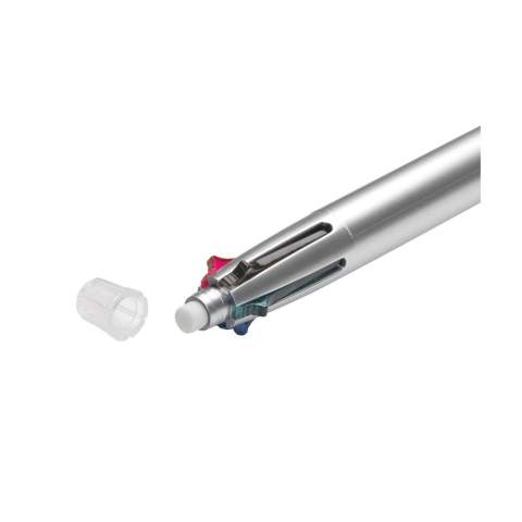 4-colour ballpoint pen and mechanical pencil in one. Eraser under the removable top. Rubber grip. Equipped with blue, green, red and black ink.
