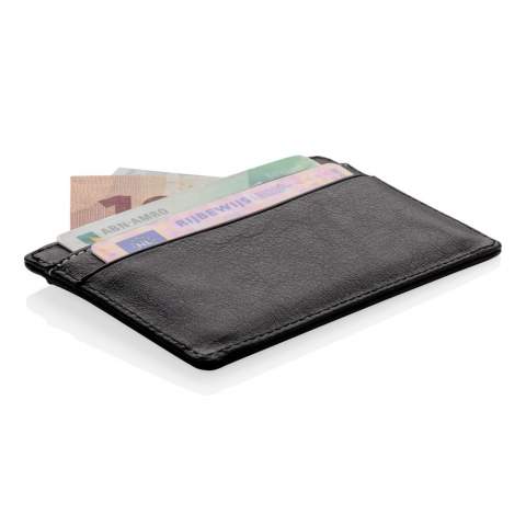 Premium PU leather cardholder with 3 shielded anti-skimming card slots with room for 8 cards. Separate middle pocket for cash and coins.
