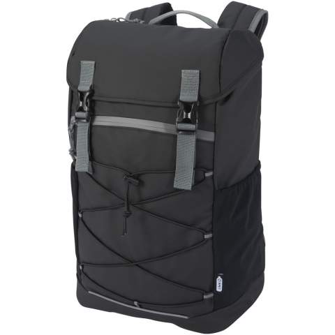 Water-resistant laptop backpack made from GRS certified recycled materials, including the zips. It features a spacious 15.6” laptop compartment with a drawstring cord and ajustable buckles to maximize storage room under the flap cover. This backpack has multiple pockets, including a zippered front pocket with elastic drawstrings for storing and organising, and reflective piping for visibility. The moulded and padded backing and adjustable chest strap makes it comfortable to carry around even when fully loaded. The GRS recycled materials include the main fabric, lining, webbing, and zips. Capacity: 23 litres. PVC free.