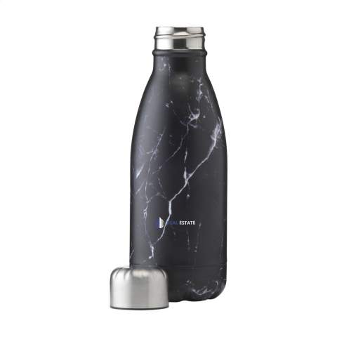 Double-walled, vaccum-insulated, stainless steel water bottle/thermo bottle. With leak-proof screw cap. This elegant model has a striking, attractive top layer. Suitable for maintaining the temperature of cold or hot water. Capacity 350 ml. Each item is individually boxed.