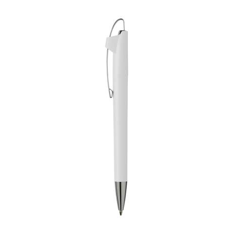Blauschreibender Kugelschreiber mit einem stilvollen, Metallclip, welcher gleichzeitig der Druckknopf ist.