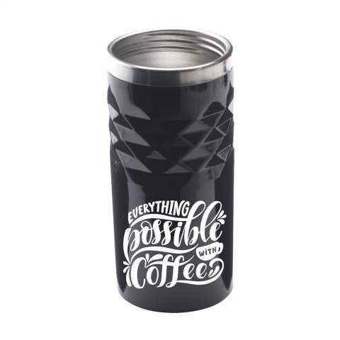 Double-walled, leak-proof plastic thermo cup with stainless steel inner wall, screw cap and click opening. With distinctive 3D Geometric diamond pattern on the holder. Non-slip base. Capacity 280 ml. Each item is individually boxed.