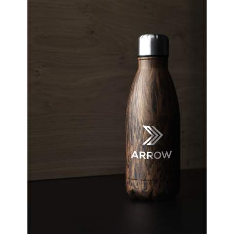 Double-walled, vaccum-insulated, stainless steel water bottle/thermo bottle. With leak-proof screw cap. This elegant model has a striking, attractive top layer. Suitable for maintaining the temperature of cold or hot water. Capacity 350 ml. Each item is individually boxed.