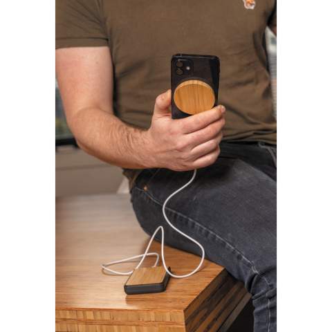Snap on this magnetic wireless charger to the back of your iPhone 12 to charge your device. The magnets are perfectly aligned to always ensure the right charging position on your phone. The bamboo 10W wireless charger is compatible with all QI devices (Iphone 8 and up and Android devices), so on other phones it can be used as a regular wireless charger. Including 100 cm TPE material micro USB cable.  Item and accessories PVC free. Input DC 5V/1.5A; Output 5V/2.0A (10W) 11 pcs high quality N52H heat resistant magnets integrated.<br /><br />WirelessCharging: true<br />PVC free: true