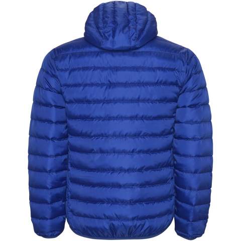 Men's feather touch quilted jacket with fitted hood. Inverted zips with matching chin protector. Two front pockets with zip. Matching elastic trim in cuffs, hem and hood. Contrasting inner lining. Stow carry bag included. Light and foldable garment. Water resistant. Wind-proof model.