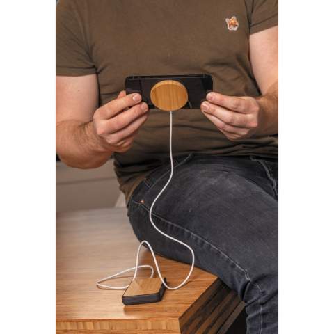 Snap on this magnetic wireless charger to the back of your iPhone 12 to charge your device. The magnets are perfectly aligned to always ensure the right charging position on your phone. The bamboo 10W wireless charger is compatible with all QI devices (Iphone 8 and up and Android devices), so on other phones it can be used as a regular wireless charger. Including 100 cm TPE material micro USB cable.  Item and accessories PVC free. Input DC 5V/1.5A; Output 5V/2.0A (10W) 11 pcs high quality N52H heat resistant magnets integrated.<br /><br />WirelessCharging: true<br />PVC free: true