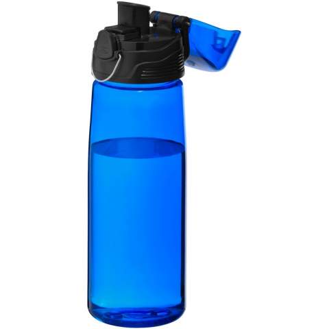 Op dorstige momenten is de lichtgewicht Capri 700 ml sportfles een redder in nood. De fles heeft een openklapbaar drinkdeksel met schenktuit, waardoor hij beschermd en schoon blijft. Met de drukknop is hij gemakkelijk te openen. De transparante fles is gemaakt van stevig vlek- en geurvrij Eastman Tritan™, waardoor hij duurzaam en BPA-vrij is.