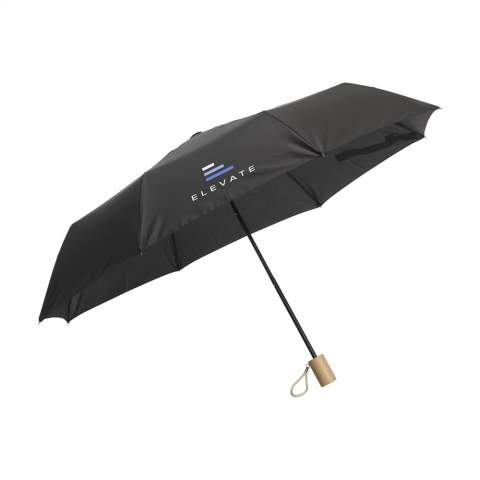 WoW! Foldable umbrella made from 190T RPET pongee polyester (from recycled PET bottles). With stainless-steel shaft and handle, beautiful bamboo grip with cotton loop, velcro closure, storage pouch and RPET label. Manual operation.