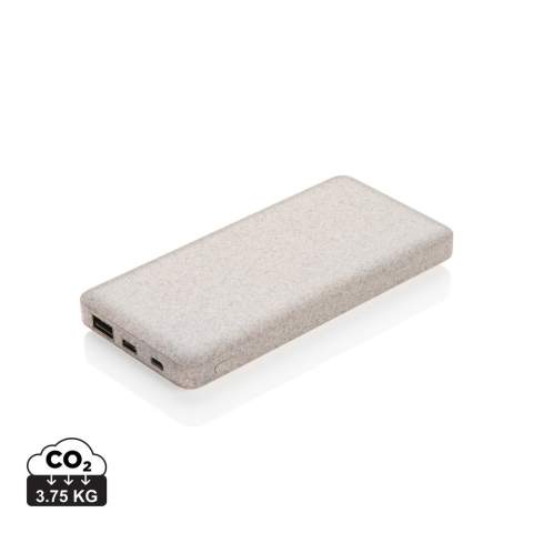 Ultra flat 10.000 mAh powerbank made out of a natural wheat fibre (35%) mixed with ABS. When fully charged it will provide you with enough energy to re-charge your mobile phone up to four times. The powerbank contains a long lasting grade A 10.000 mAh high-density lithium polymer battery. With dual USB port that includes a type C output for all new mobile phones. The power indicators will indicate the remaining energy level so you always know when to re-charge. Including micro USB TPE material cable for charging. Micro USB Input 5V/2A; Type-C Input 5V/2A; USB output 5V/3A; Type-C output 5V/2A; Item and accessories PVC free.<br /><br />PowerbankCapacity: 10000