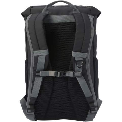 Water-resistant laptop backpack made from GRS certified recycled materials, including the zips. It features a spacious 15.6” laptop compartment with a drawstring cord and ajustable buckles to maximize storage room under the flap cover. This backpack has multiple pockets, including a zippered front pocket with elastic drawstrings for storing and organising, and reflective piping for visibility. The moulded and padded backing and adjustable chest strap makes it comfortable to carry around even when fully loaded. The GRS recycled materials include the main fabric, lining, webbing, and zips. Capacity: 23 litres. PVC free.