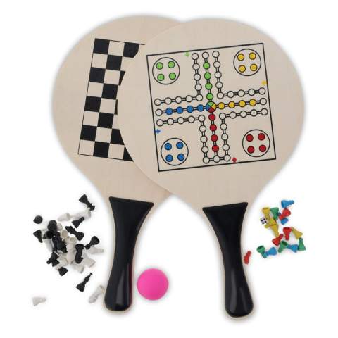 Tennis set suitable for playing on the beach, in the park or garden. With this multifunctional set, there is also the possibility to do play a relaxed board game. Challenge your friends to a game for the mind or a more active game of tennis!
