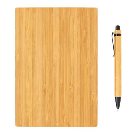 Carnet de notes A5 avec couverture en bambou avec 90 feuilles/180 pages de70g/m² (papier crème). Stylo en bambou avec encre noire. Livré dans une boite cadeau en kraft.<br /><br />NotebookFormat: A5<br />NumberOfPages: 180<br />PaperRulingLayout: Pages lignées