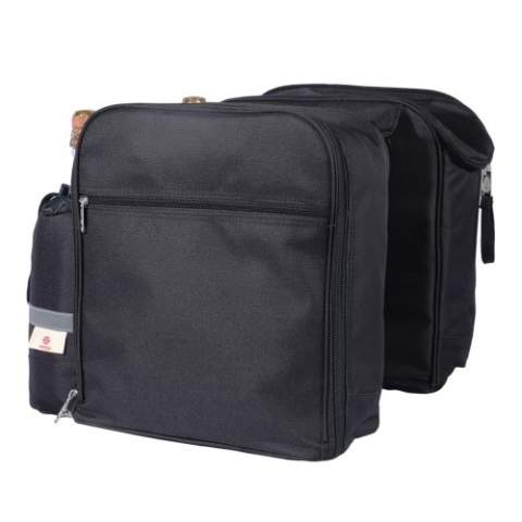 Spacious double picnic bicycle bag. An extensive dinnerware set on the one side and a padded and insulated cooler compartment on the other. The insulated bottle holders have reflective strips for visibility in the dark. The universal hooks allows this bag to be mounted to various types of racks, including e-bikes.