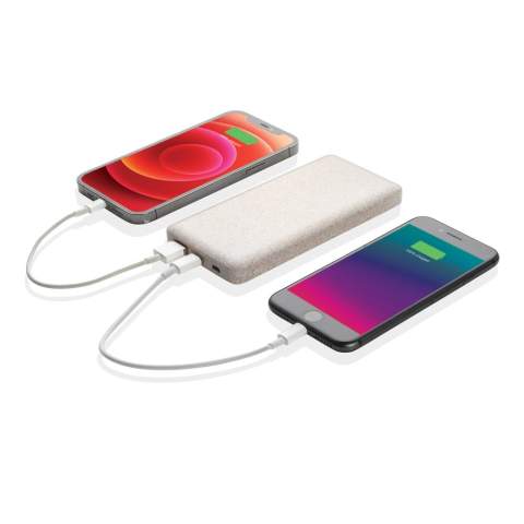 Ultra flat 10.000 mAh powerbank made out of a natural wheat fibre (35%) mixed with ABS. When fully charged it will provide you with enough energy to re-charge your mobile phone up to four times. The powerbank contains a long lasting grade A 10.000 mAh high-density lithium polymer battery. With dual USB port that includes a type C output for all new mobile phones. The power indicators will indicate the remaining energy level so you always know when to re-charge. Including micro USB TPE material cable for charging. Micro USB Input 5V/2A; Type-C Input 5V/2A; USB output 5V/3A; Type-C output 5V/2A; Item and accessories PVC free.<br /><br />PowerbankCapacity: 10000