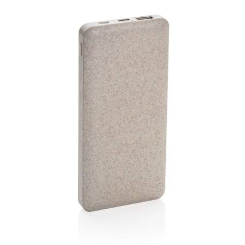 Ultra flat 10.000 mAh powerbank made out of a natural wheat fibre (35%) mixed with ABS. When fully charged it will provide you with enough energy to re-charge your mobile phone up to four times. The powerbank contains a long lasting grade A 10.000 mAh high-density lithium polymer battery. With dual USB port that includes a type C output for all new mobile phones. The power indicators will indicate the remaining energy level so you always know when to re-charge. Including micro USB TPE material cable for charging. Micro USB Input 5V/2A; Type-C Input 5V/2A; USB output 5V/3A; Type-C output 5V/2A; Item and accessories PVC free.<br /><br />PowerbankCapacity: 10000