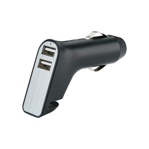Dubbele USB autolader die twee mobiele apparaten tegelijk kan opladen. Deze autolader heeft een ingebouwde gordel snijder en glas breker waardoor hij in geval van nood te gebruiken is. Hierdoor heeft u altijd een veiligheidstool binnen handbereik. Output:5V/2,1A.