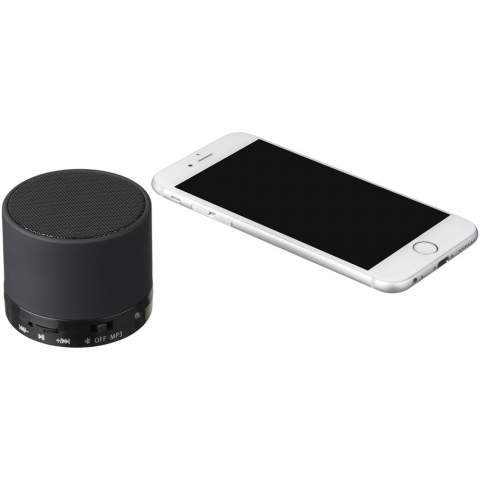 Rubber cylinder speaker. Enjoy music and movies anywhere by pairing your Bluetooth® compatible device like iPhone, iPad or Android OS devices with this portable Bluetooth® speaker (10M range). With the built in microphone, the speaker allows you to conference call on the go through your smartphone or by video chat programs like Skype. Comes with a nice rubberized finish. USB power supply included. .