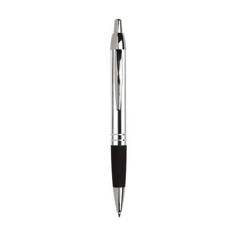 Blue ink metal ballpoint pen with glossy metallic look barrel, rubber grip, sturdy metal clip, push button and silver glossy accents.