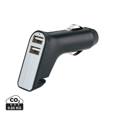 Dual USB port car charger that can be used to charge two mobile devices at the same time. This charger also includes a belt cutter and a window breaker in case of an emergency. Output: 5V/2.1A.