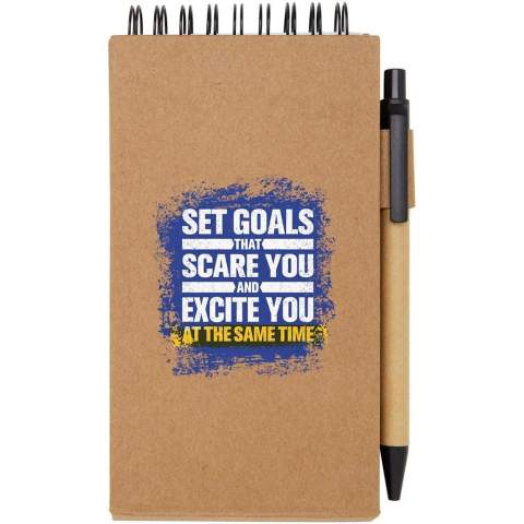 Sticky notepad with ballpoint pen. The notepad has 30 sheets of white 70 g/m2 lined paper (8 x 12 cm). It also has 25 multicoloured (5 x 1.2 cm) and 25 yellow (7.5 x 7.5 cm) sticky notes, both types with 70 g/m2 paper. The barrel of the ballpoint pen is made of recycled paper. Ink colour: Black. Writing length: 1000 metres. Nib size: 1.00 mm.