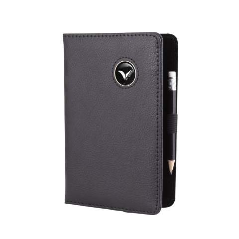 Leather scorecard holder with a metal plate with doming, including black pencil with eraser. Size 11 x 17,5 cm