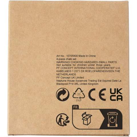 4 craies de couleurs dans un boîte carton. Marquage non disponible. Avertissement ! Ne convient pas aux enfants de moins de trois ans. Petites pièces. Risque d'étouffement.