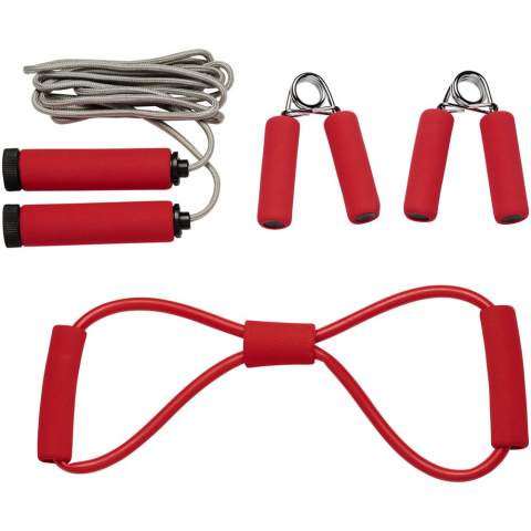 Fitness set with all the tools needed for a perfect work-out. Two hand grip trainers, skipping rope and chest expander in matching colour material. Comes in a mesh pouch for easy carrying and has a large decoration area.