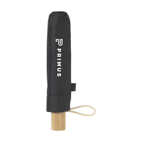 WoW! Foldable umbrella made from 190T RPET pongee polyester (from recycled PET bottles). With stainless-steel shaft and handle, beautiful bamboo grip with cotton loop, velcro closure, storage pouch and RPET label. Manual operation.