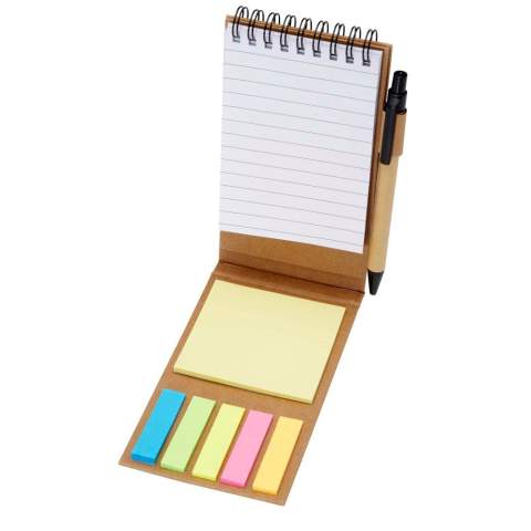 Sticky notepad with ballpoint pen. The notepad has 30 sheets of white 70 g/m2 lined paper (8 x 12 cm). It also has 25 multicoloured (5 x 1.2 cm) and 25 yellow (7.5 x 7.5 cm) sticky notes, both types with 70 g/m2 paper. The barrel of the ballpoint pen is made of recycled paper. Ink colour: Black. Writing length: 1000 metres. Nib size: 1.00 mm.