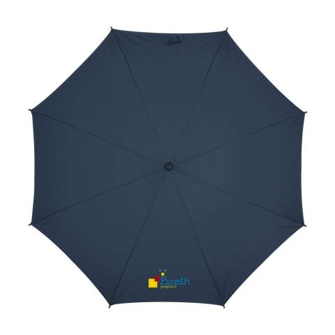 Parapluie avec toile en polyester 190T, cadre métallique, manche et poignée en bois et fermeture par bande auto-agrippante.