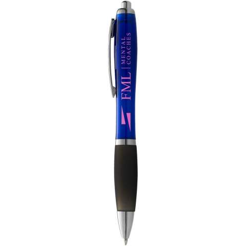 Ballpoint pen with click action mechanism and soft touch grip.