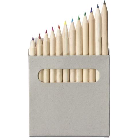 12 coloured pencils inside a paper box.. Decoration not available on components.