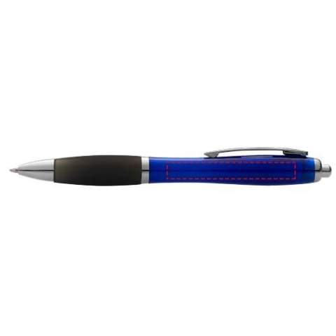 Ballpoint pen with click action mechanism and soft touch grip.