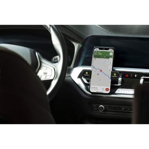 Support de téléphone universel et réglable en ABS recyclé. Rotation à 360 degrés. Facile à fixer sur la grille d'aération de votre voiture. Placez votre téléphone mobile (jusqu'à 6 pouces) dans le support pour une utilisation mains libres. Certifié GRS. Matière recyclée totale : 79%. Emballage par pièce.