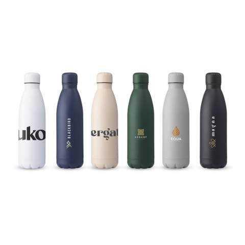 Double-walled, leak-proof and stainless-steel water/thermos bottle. Supplied in a modern matte finish with matching screw cap, this bottle has a striking appearance. This slim bottle will fit cup holders in a wide range of cars and is the perfect thirst quencher whilst on the go. Capacity 500 ml. Each item is individually boxed.