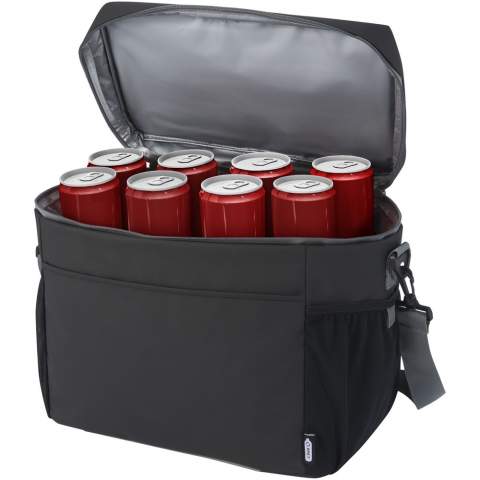 Water-resistant 20-can cooler bag made from GRS certified recycled materials, including the zips. It features a spacious zippered compartment lined with food-safe and extra thick high density thermal PEVA and foam insulation, keeping beverages and refreshments cold for hours. It also has 2 mesh pockets and one open front pocket for additional storage. The webbing carrying handle and the adjustable and padded shoulder strap makes it comfortable to carry around. The GRS recycled materials include the main fabric, lining, webbing, and zips. Capacity: 22 litres. PVC free.
