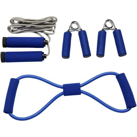 Fitness set with all the tools needed for a perfect work-out. Two hand grip trainers, skipping rope and chest expander in matching colour material. Comes in a mesh pouch for easy carrying and has a large decoration area.