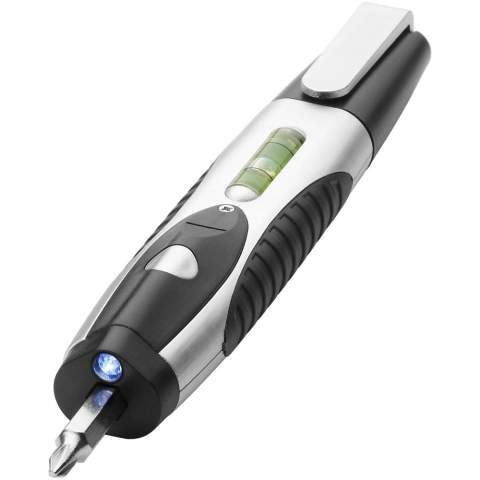 Compact screwdriver with big and small Philips head, big and small slot head, level and a LED light with on/off power switch. Battery included.