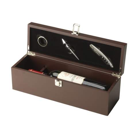 Elegant, wooden wine box with drip catcher, bottle stopper and stainless steel waiters friend. Excl. wine. Items supplied as a set in a brown cardboard box.
