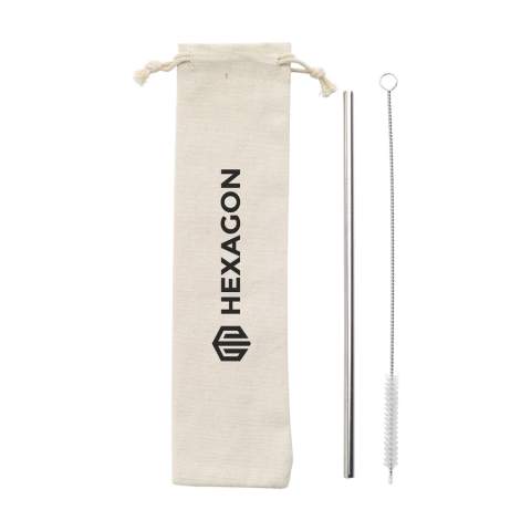 A reusable, stainless steel straw. A good alternative to plastic straws. Includes stainless steel nylon cleaning brush. Perfect for cold drinks such as smoothies or cocktails. It also adds a visually pleasing touch to any drink. Supplied per set with a canvas pouch.