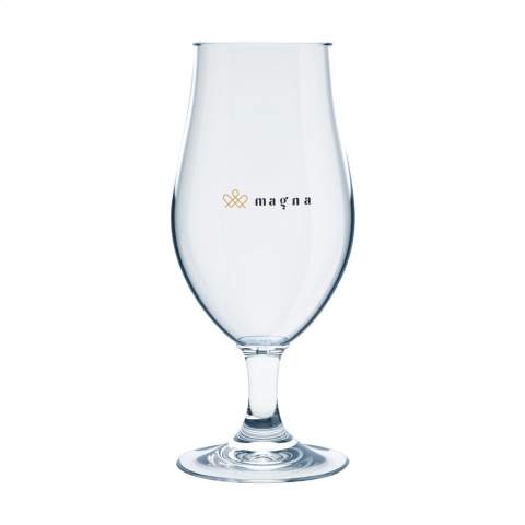 Plastic beerglass with stem, of the HappyGlass brand. Specially designed for serving chilled speciality beers. The tulip-shape of the glass enhances the taste and smell of the beer. Made from clear, transparent Tritan copolyester plastic. Virtually unbreakable and lightweight. Well suited for use on (sports) events, festivals and concerts where often there is a glass ban. This quality glass is suitable for multiple use. This product is dishwasher-safe. Washing by hand is recommended to preserve the imprint. Capacity 500 ml. Made in The Netherlands.
